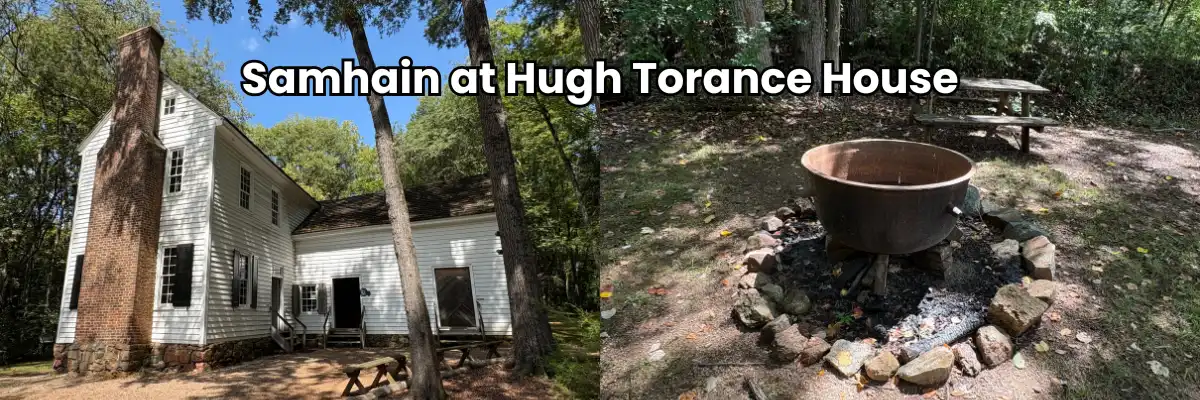 Building exterior of Hugh Torance House and the cauldron in the yard, part of their annual Samhain event