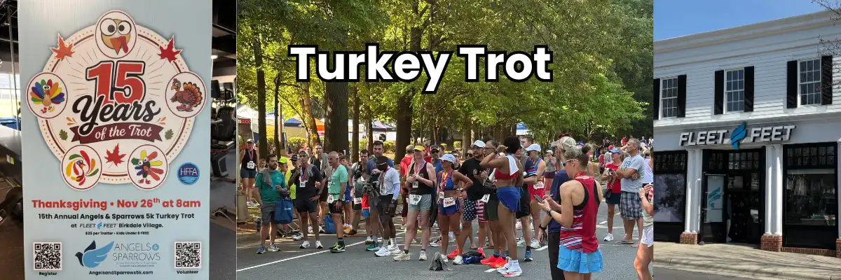 Sign for the 15 Years of Turkey Trot, a group of runners, and the exterior of Fleet Feet, a sponsor for the Turkey Trot