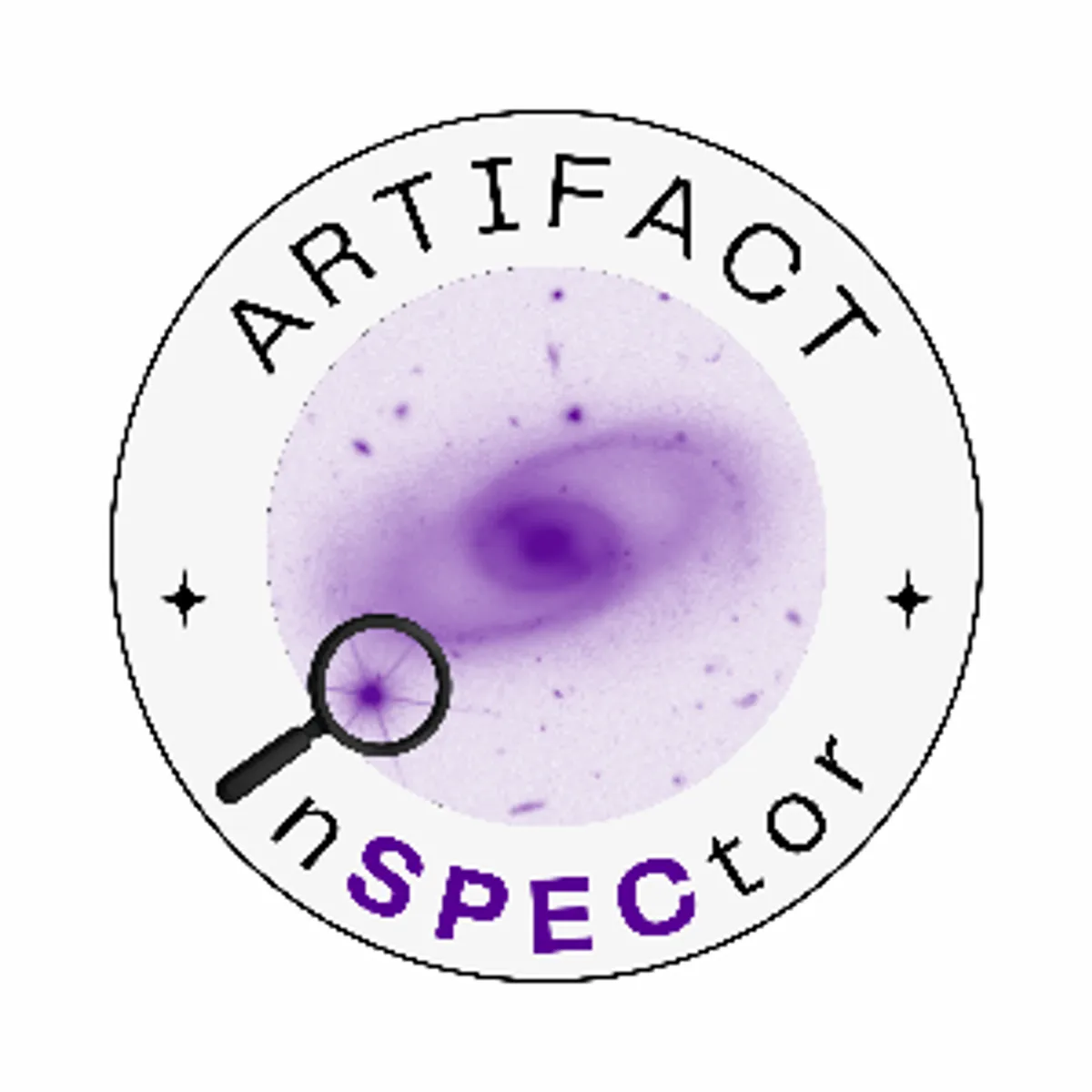 โลโก้โครงการ Artifact InSPECtor แสดงรูปกาแล็กซีและแว่นขยาย