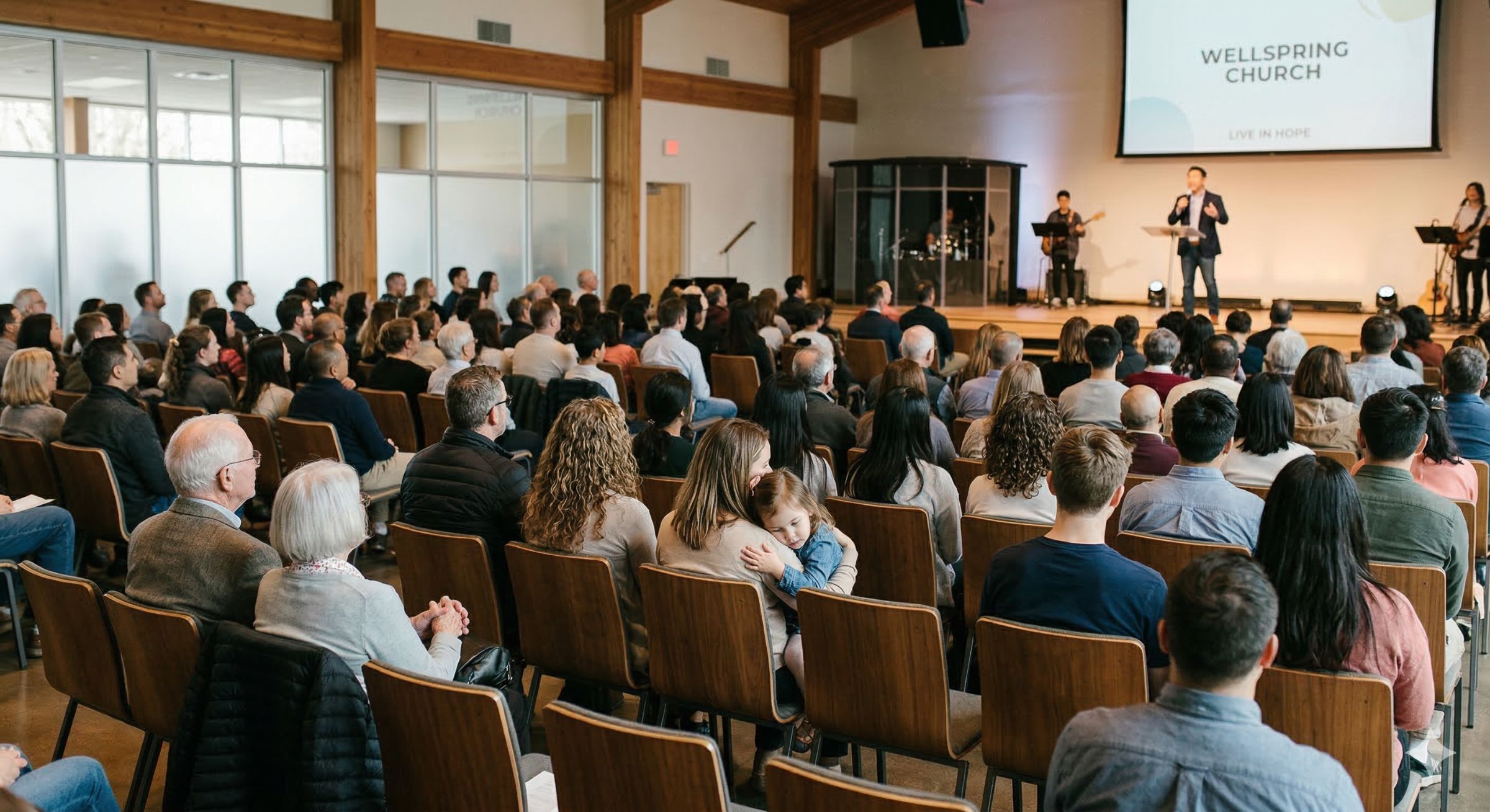 Publikum hört einem Redner auf der Bühne in der Wellspring Church zu, mit Musikern im Hintergrund.