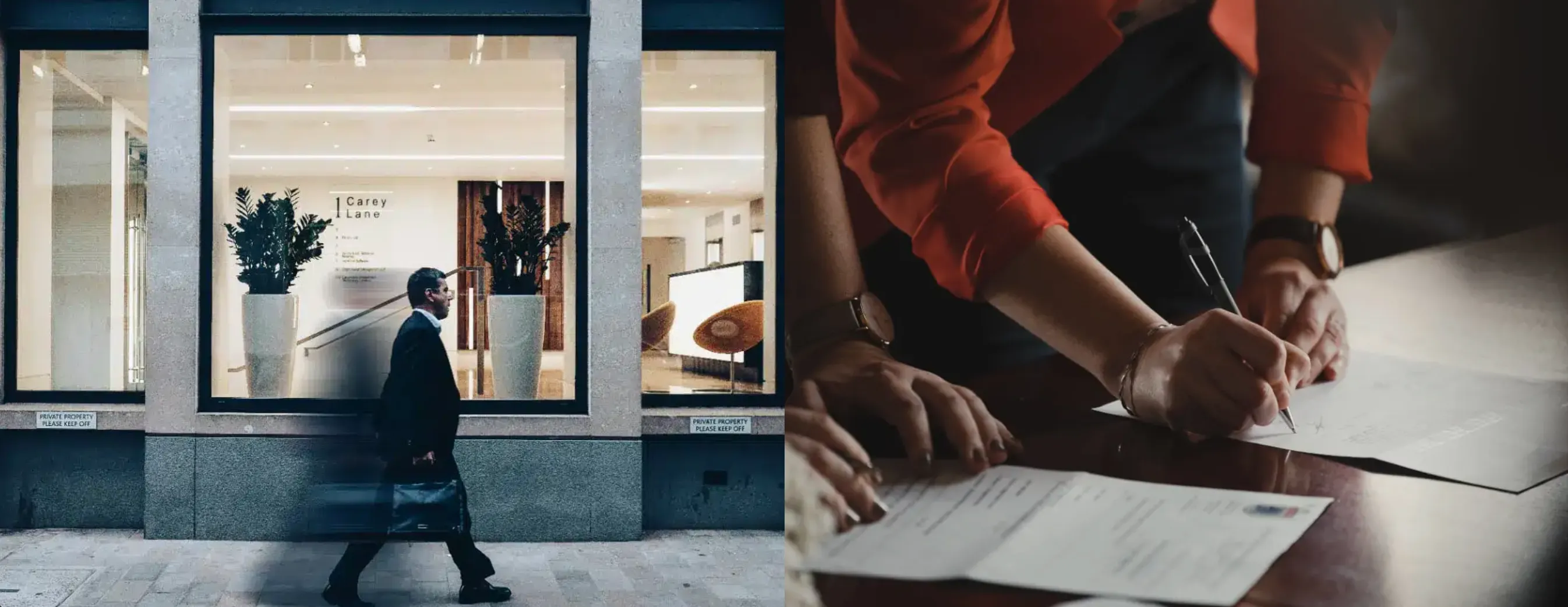Un homme en costume marche devant une vitrine de bureau, tandis qu'une autre image montre une personne signant des documents sur une table.