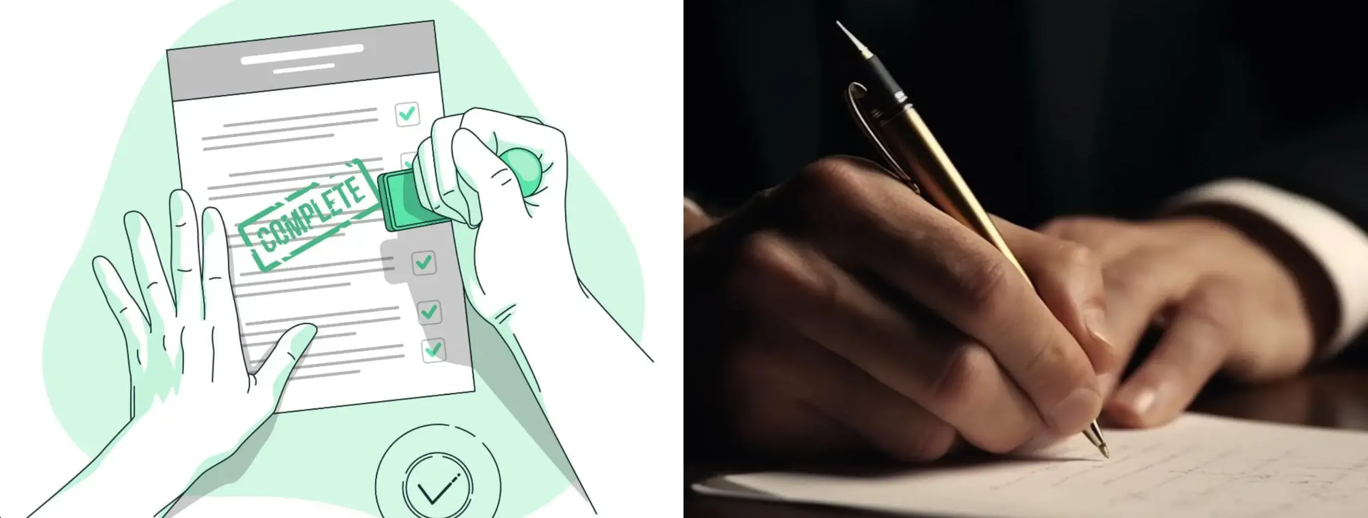 Illustration d'une main tamponnant un document avec un tampon vert marqué « COMPLÈTE » à côté d'une main tenant un stylo en train d'écrire sur une feuille.