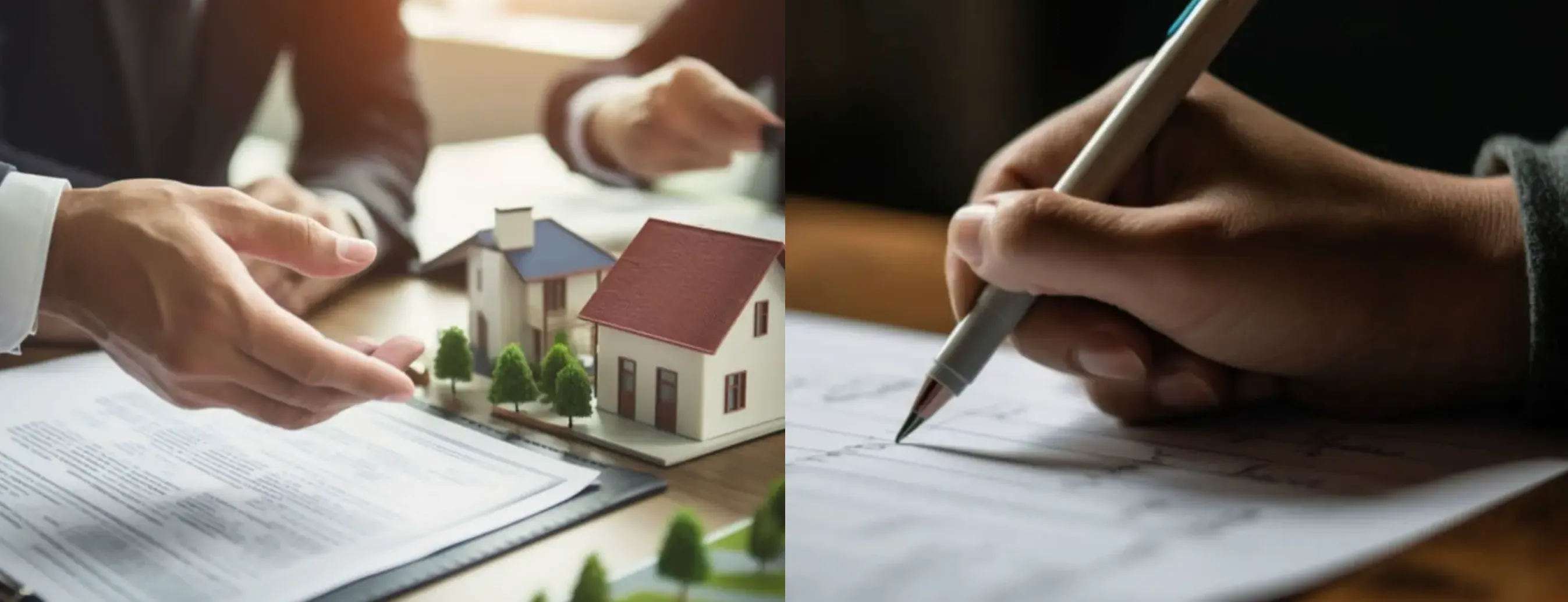 Main dans un bureau présentant un contrat immobilier près de maquettes de maisons, et main tenant un stylo signant un document architectural.