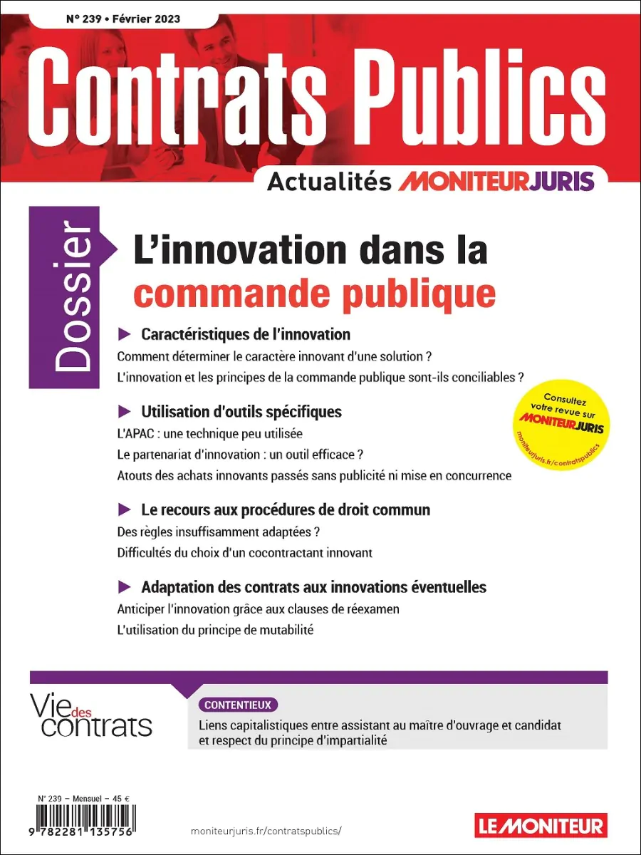 Couverture du magazine Contrats Publics, numéro 239 de février 2023, avec un dossier sur l'innovation dans la commande publique détaillant les caractéristiques, outils, procédures et adaptation des contrats.