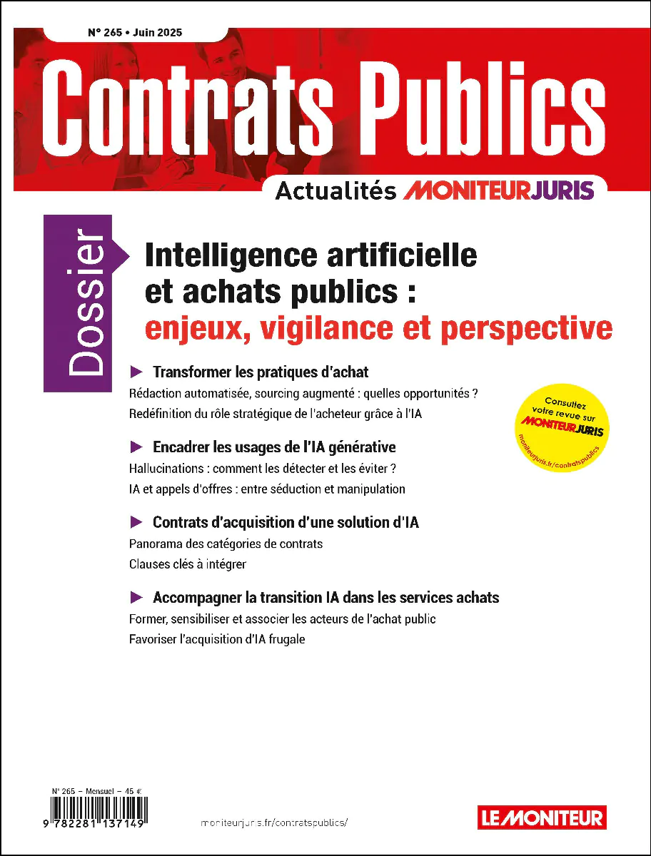Couverture du magazine Contrats Publics n°265 de juin 2025, dossier sur intelligence artificielle et achats publics, enjeux, vigilance et perspective.
