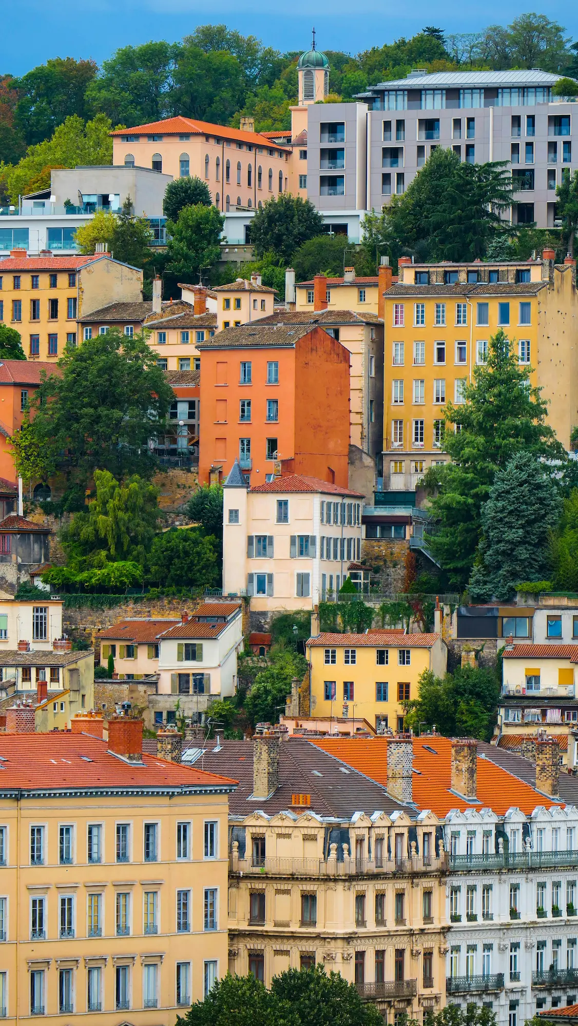 Vue de plusieurs bâtiments colorés et de différentes hauteurs avec des toits en tuiles orange, entourés d'arbres verts sous un ciel bleu.