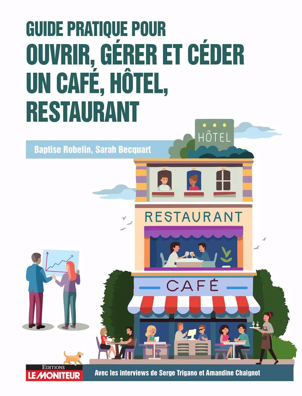 Couverture de livre illustrée montrant un café, restaurant et hôtel avec personnes en interaction.