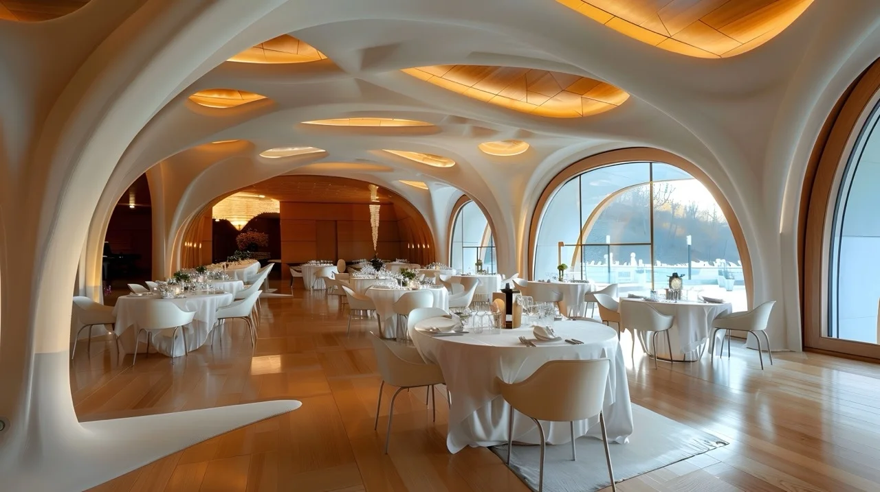 Restaurant élégant avec tables rondes blanches sous un plafond courbe lumineux et grandes fenêtres arquées.