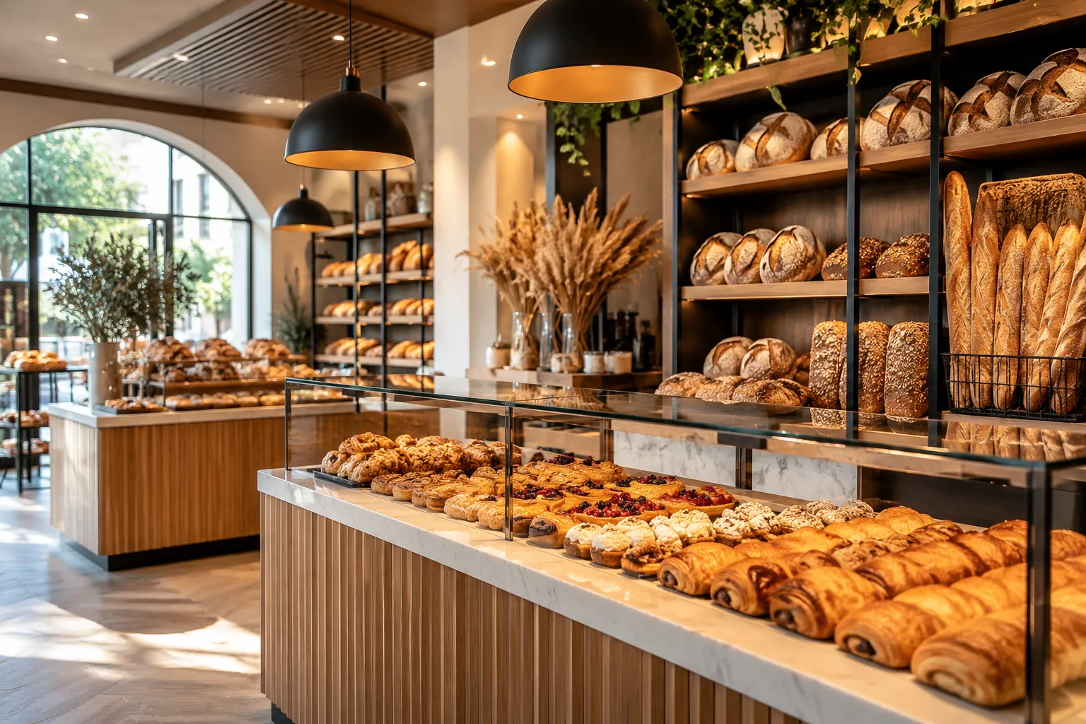 Comptoir de boulangerie avec présentoirs de pains, viennoiseries et pâtisseries artisanales