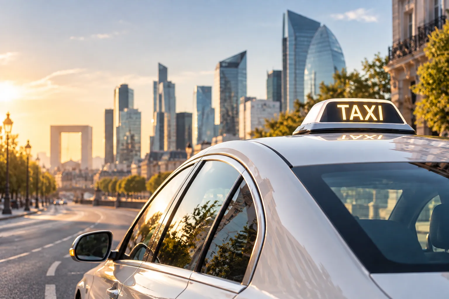 Taxi parisien avec enseigne lumineuse TAXI, vue sur les tours de La Défense au coucher du soleil