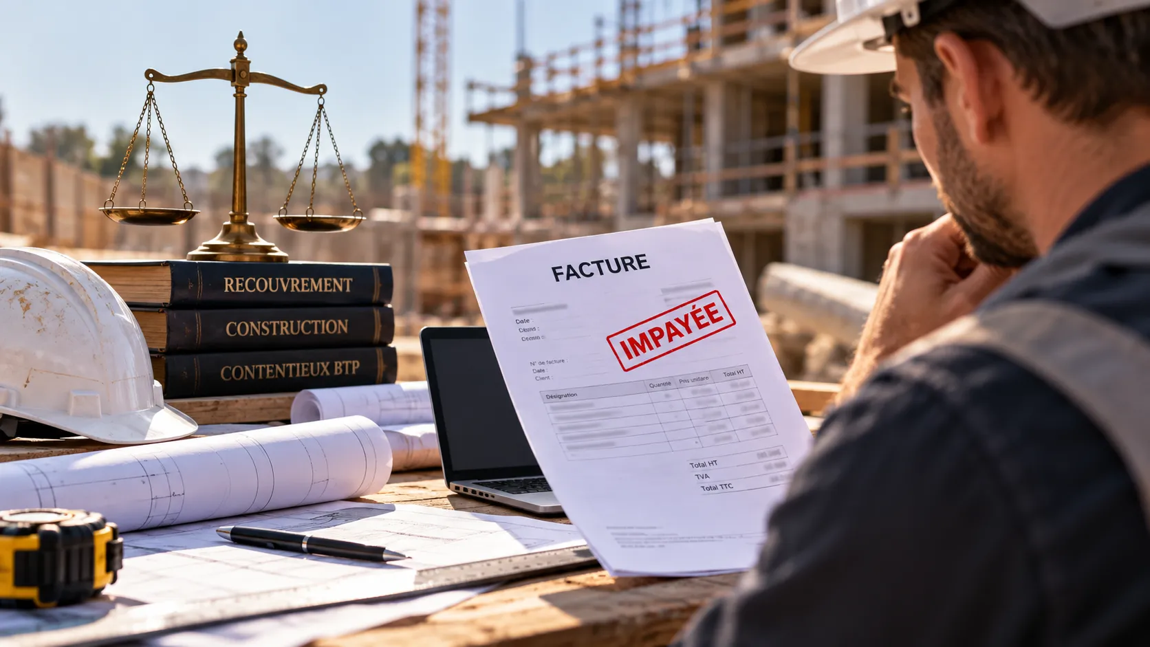 Facture marquée impayée sur un bureau de chantier, à côté d'une balance de la justice et d'ouvrages de droit de la construction et de recouvrement