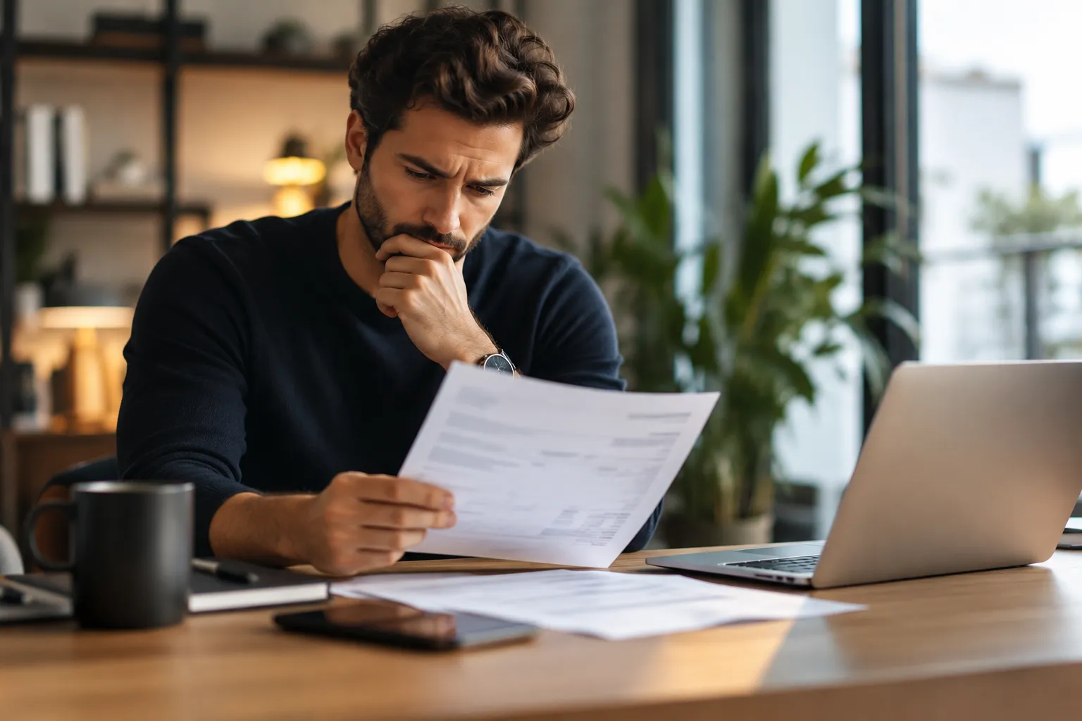 Consultant indépendant préoccupé lisant une facture impayée à son bureau, devant son ordinateur portable