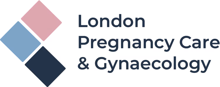 Logo of London Pregnancy Care & Gynaecology with three colored overlapping diamonds on the left.