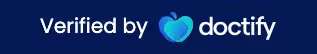 Blue banner with text 'Verified by' and Doctify logo featuring a heart-shaped design.