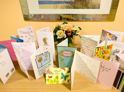 Display of assorted thank you cards arranged on a table with a bouquet of flowers in the background.