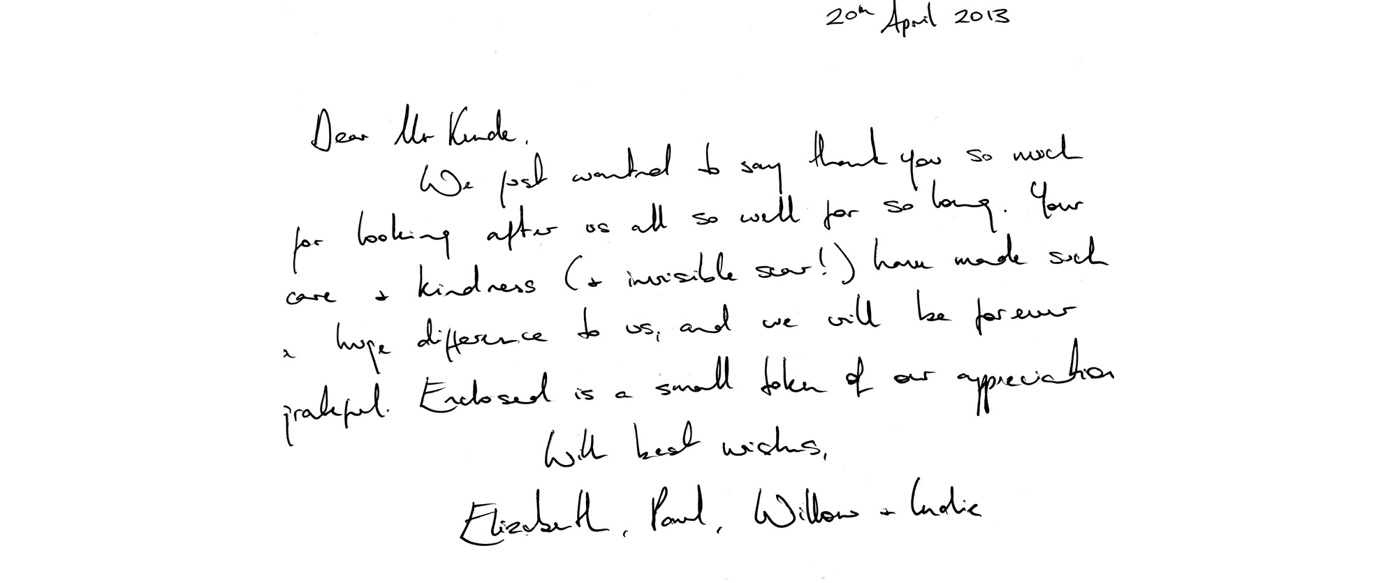 Handwritten thank you note dated 20th April 2013 expressing gratitude for care and kindness.