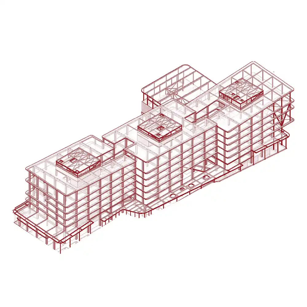 3D transparant technisch model van een gebouw met meerdere verdiepingen en constructiedetails.