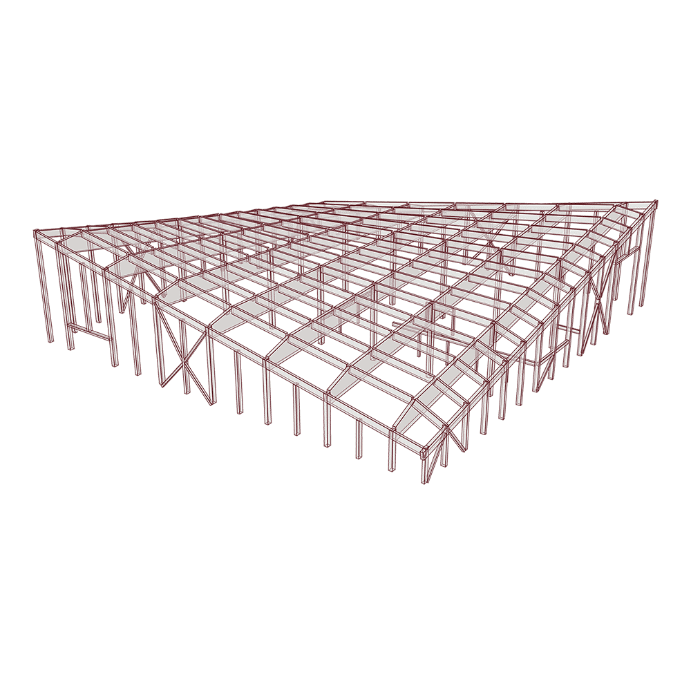 Volumemodel: hoofdafmetingen, verdiepingshoogtes en overspanningen vastgelegd.