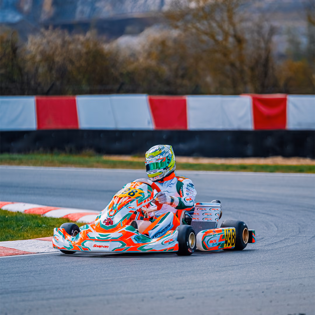 MCK Racing kart taking a corner in Mariembourg