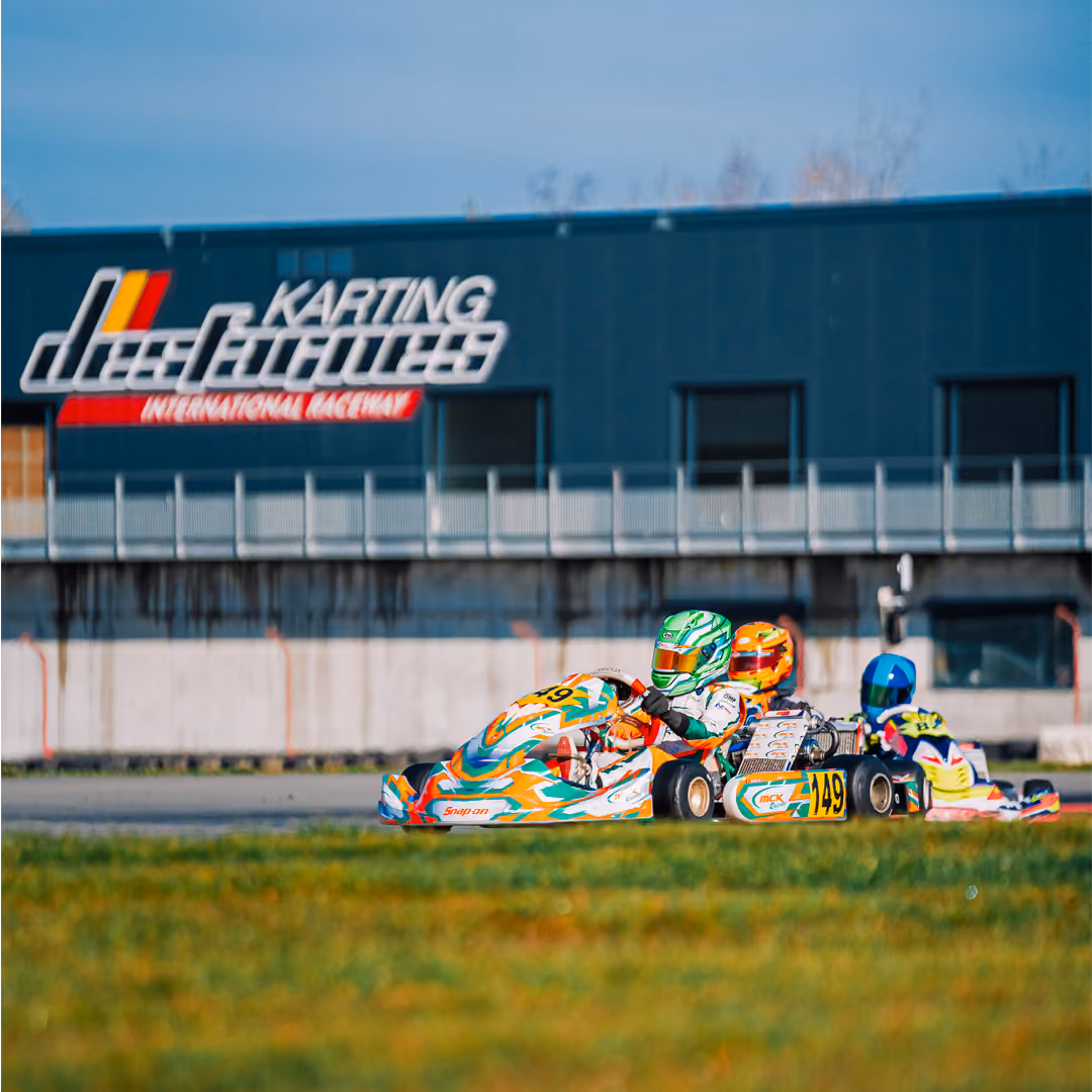 MCK Racing kart in front of the Karting des Fagnes building in Mariembourg