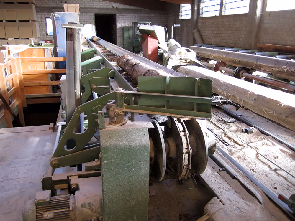 Eine Maschine mit Laufband zur Holzverarbeitung ist zu erkennen.