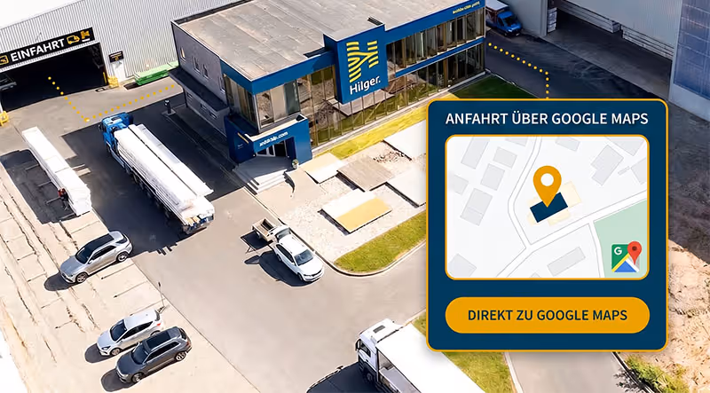 Eine Luftaufnahme vom Bürogebäude ist zu erkennen mit Overlay und Info dass dies ein Link zu Google Maps ist