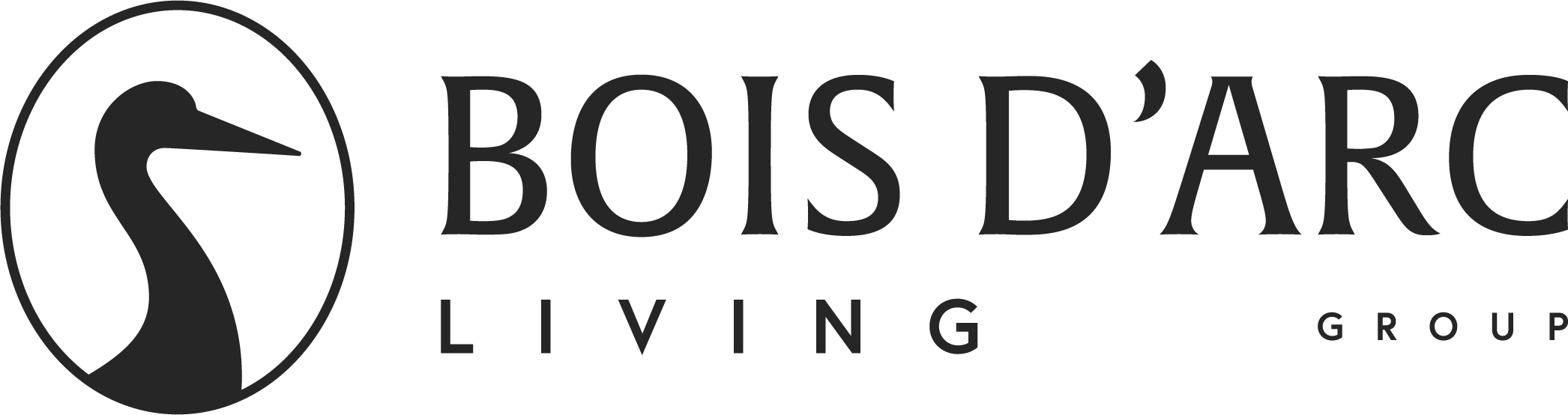 Bois d'Arc Living Group logo with stylized bird head inside a circle to the left of the text.