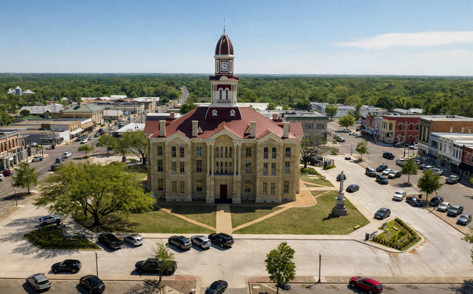 Historic courthouse with a clock tower in the center of a small town surrounded by streets, parked cars, and green trees.