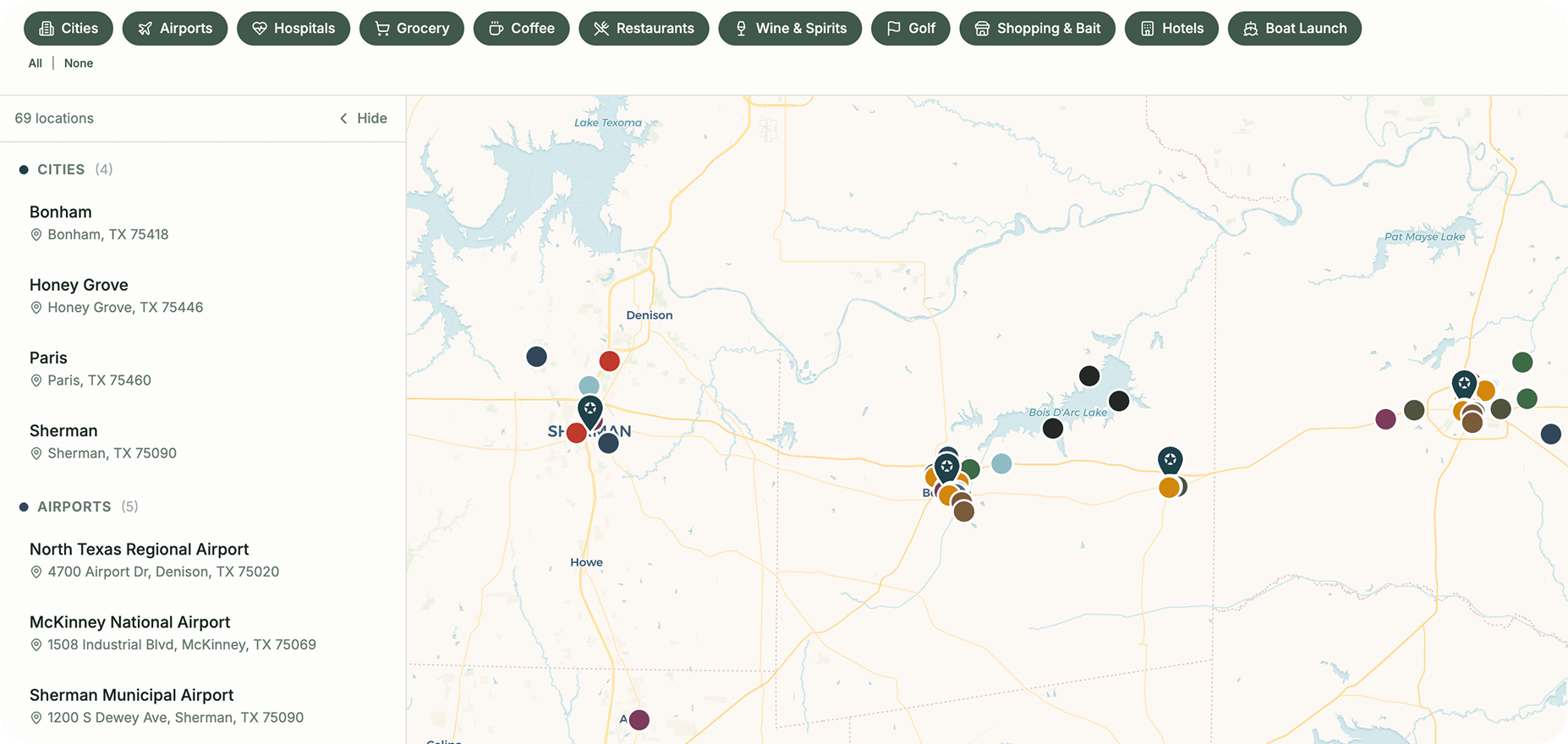 Map showing locations of cities including Bonham, Honey Grove, Paris, Sherman, and various airports around Texas with category filters at the top for cities, airports, hospitals, grocery, coffee, restaurants, wine & spirits, golf, shopping & bait, hotels, and boat launch.