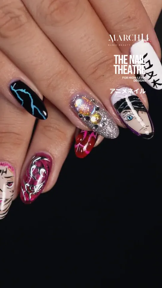 Hand-painted anime nail art at March14 nail salon in Dubai