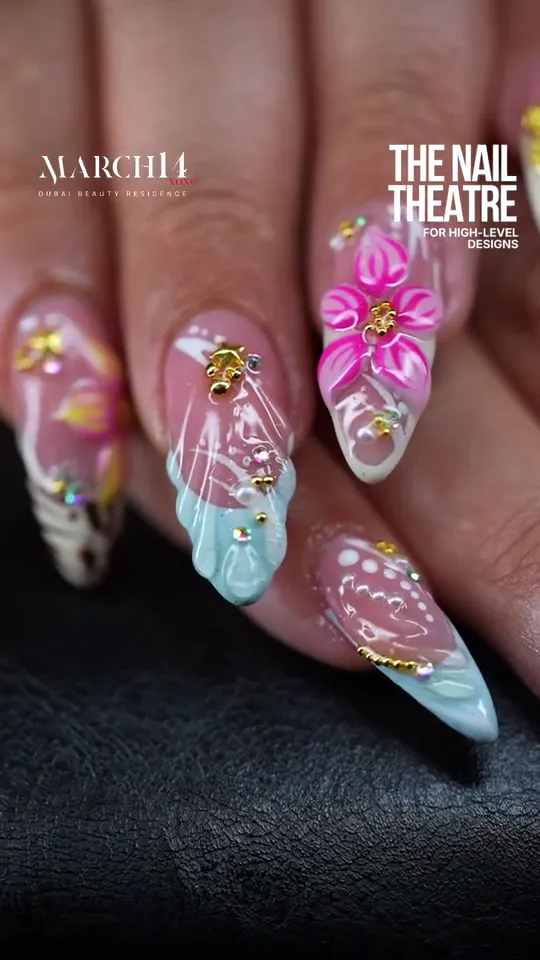 3D floral nail art handcrafted at March14 in Dubai