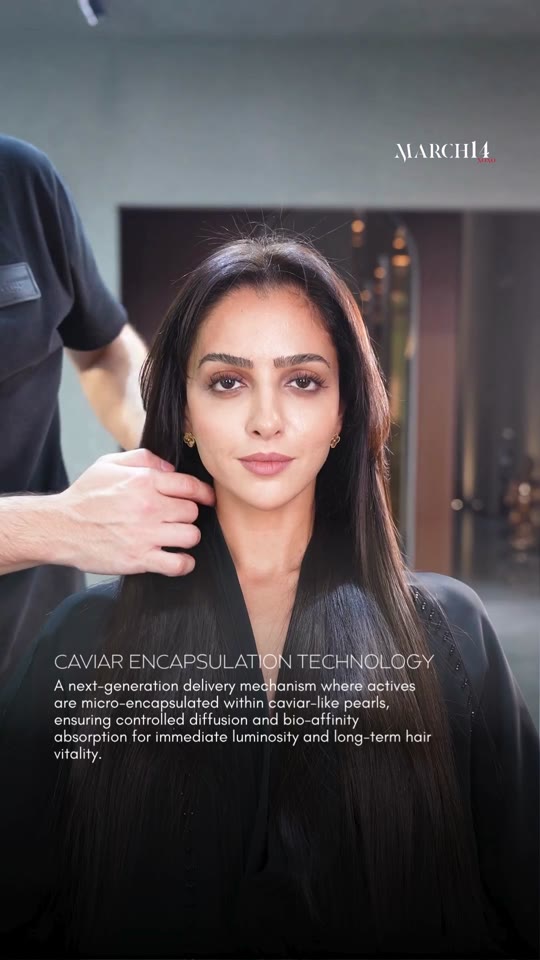 Kérastase Chronologiste Caviar treatment result at March14 Hair Studio Dubai, glossy brunette hair