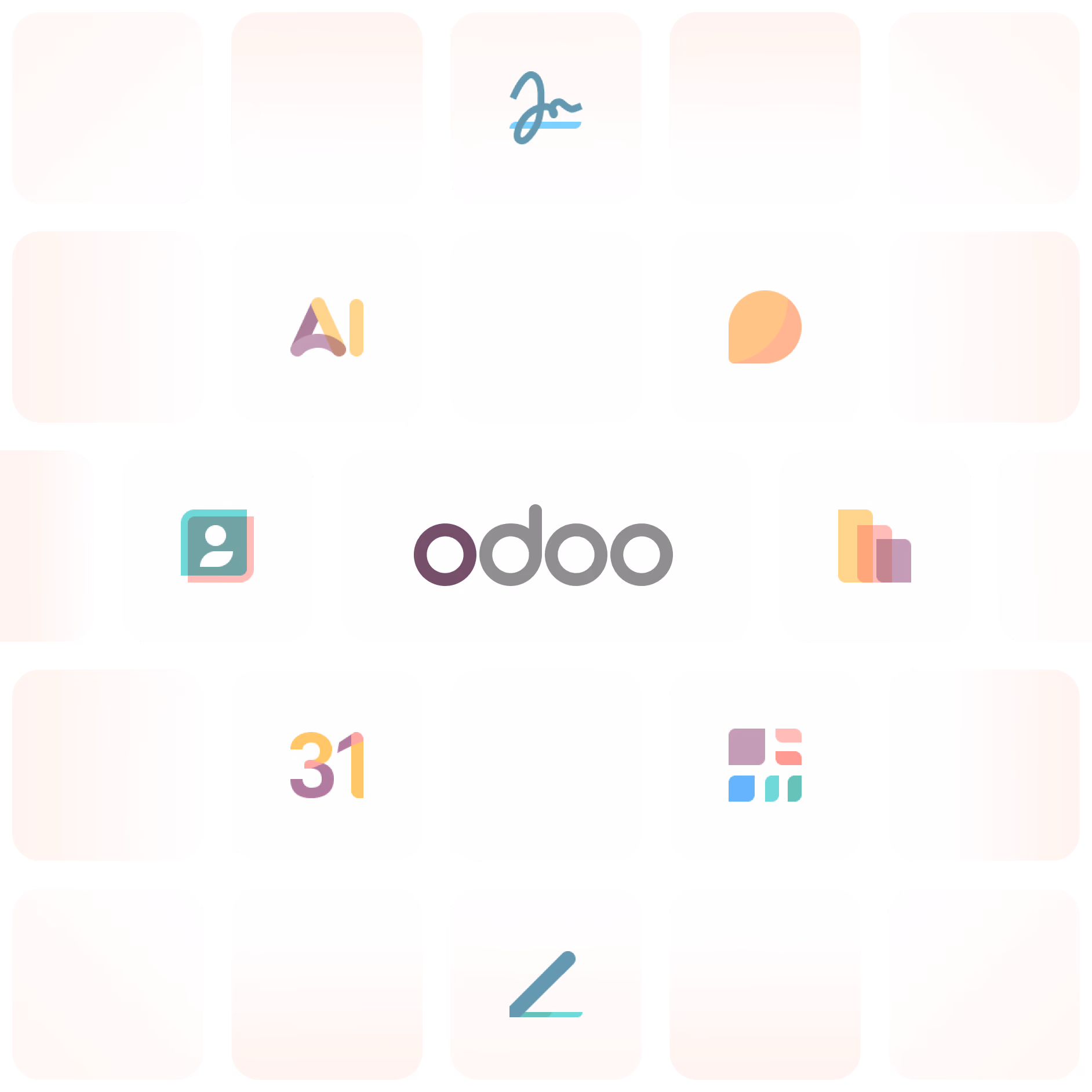 Clavier avec touches affichant plusieurs logos d'applications, dont Odoo, Google Calendar, Google Contacts, et autres icônes colorées.