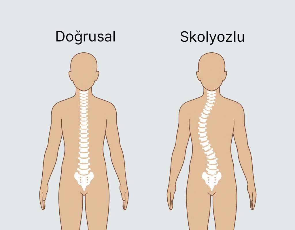 Comparison of two human figures from the back, one with a straight spine labeled 'Doğrusal' and the other with a curved spine labeled 'Skolyozlu' indicating scoliosis.