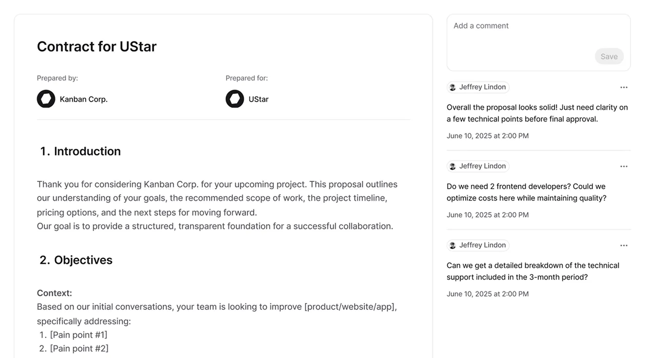 Screenshot of a contract proposal for UStar prepared by Kanban Corp., showing an introduction and objectives section with placeholders for pain points, alongside comments from Jeffrey Lindon requesting clarifications and optimizations.