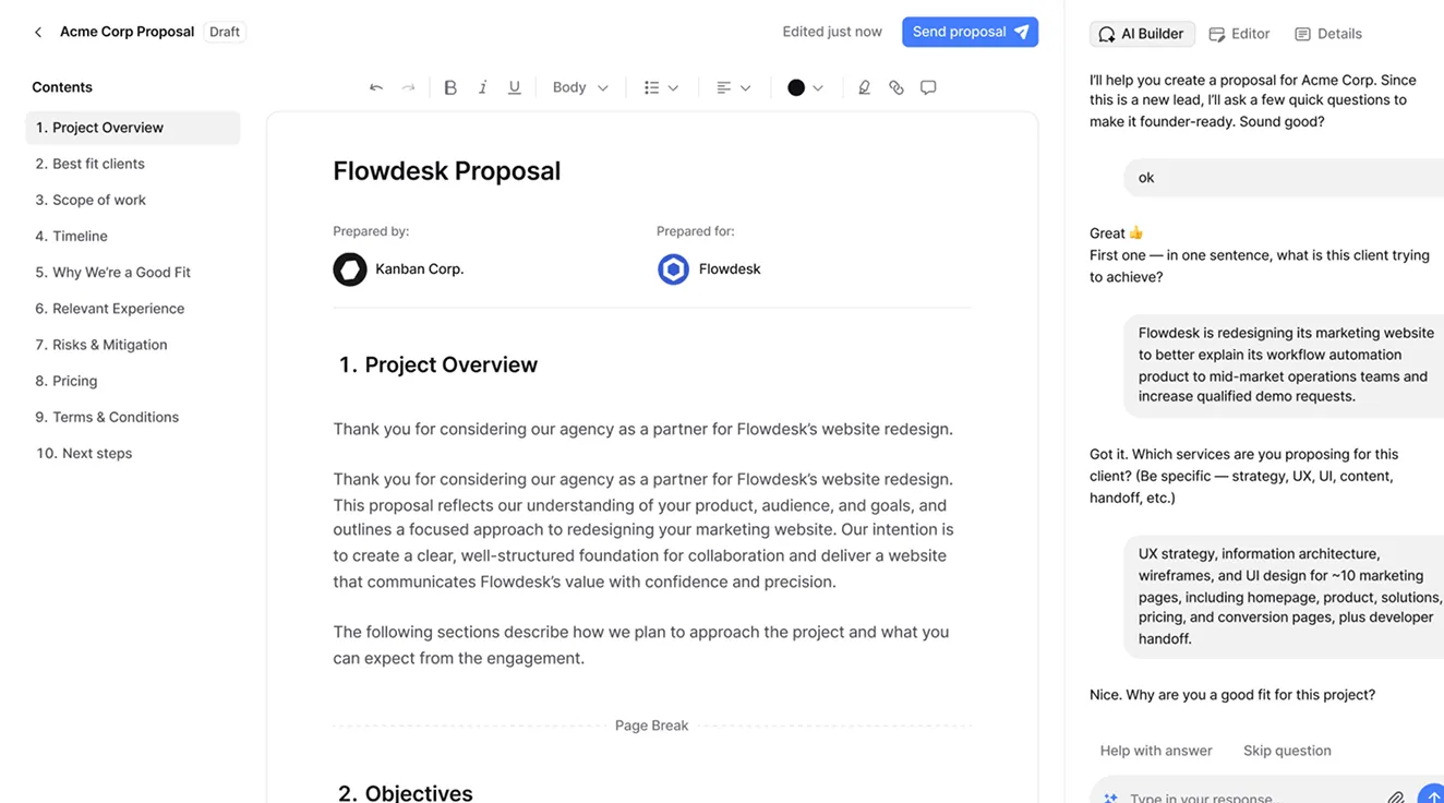 Screenshot of a proposal document editor with a sidebar showing sections, a main area displaying a Flowdesk Proposal with project overview text, and a chat pane on the right for an AI Builder conversation guiding proposal creation.