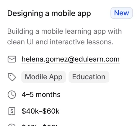 Job listing for designing a mobile app with clean UI and interactive lessons, contact helena.gomez@edulearn.com, tags Mobile App and Education, duration 4–5 months, and salary $40k–$60k.