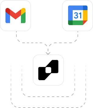 Diagram showing Gmail and Google Calendar icons connected by dotted arrows to a central app integration icon.