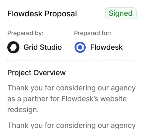Flowdesk Proposal document marked as Signed, prepared by Grid Studio for Flowdesk, with project overview thanking for considering agency for website redesign.