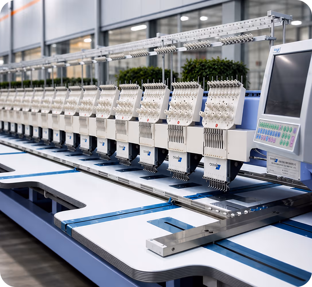 Embroidery machines stitching logos on caps in a factory with caps of various colors lined up on a table.
