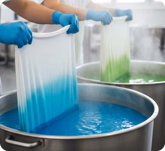Two people wearing blue gloves dipping white fabric into large metal vats filled with blue and green dye for fabric coloring.