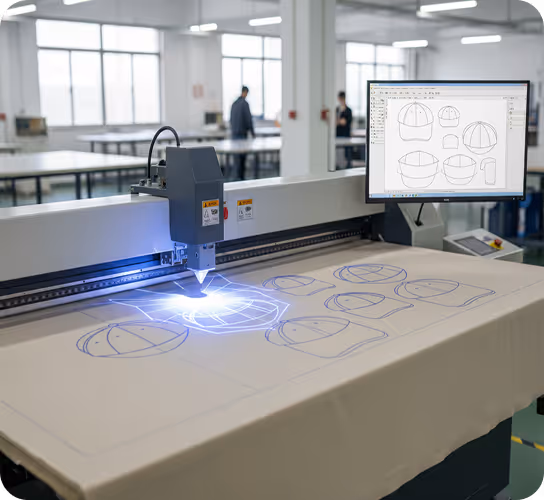 Laser cutting machine etching hat templates onto fabric with a computer screen displaying vector designs in a workshop.