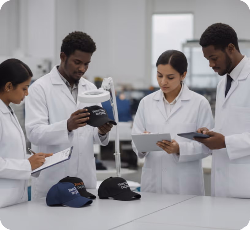 Four scientists in white lab coats examining and taking notes on embroidered caps in a laboratory setting.