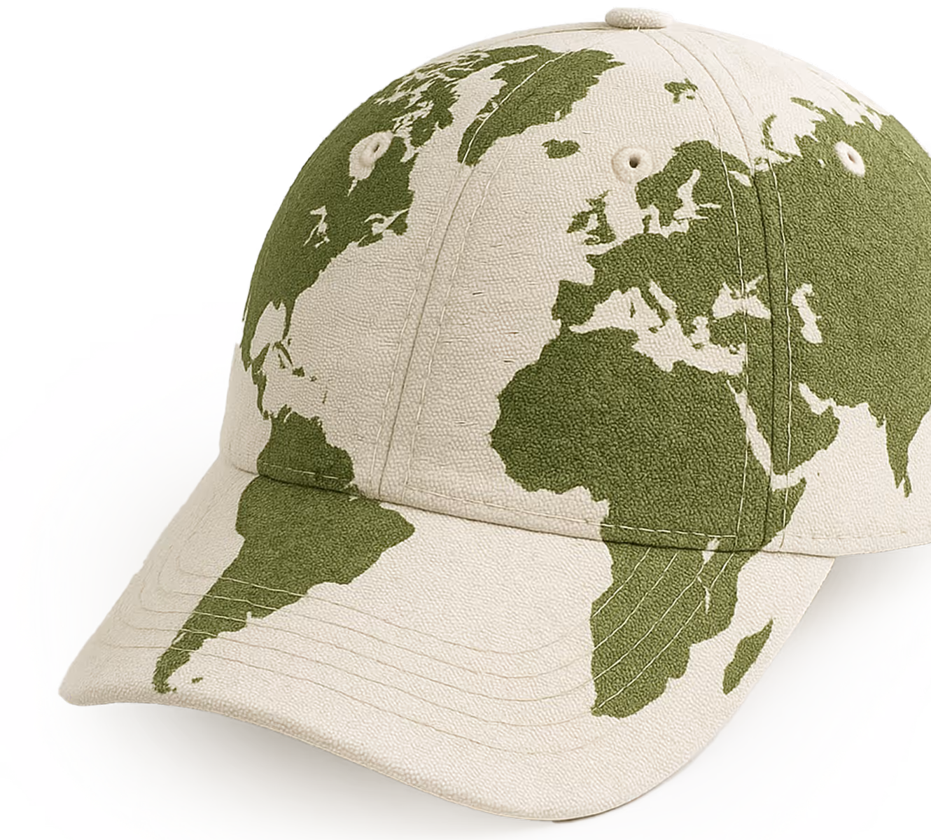 Beige baseball cap with a green world map print covering its surface.