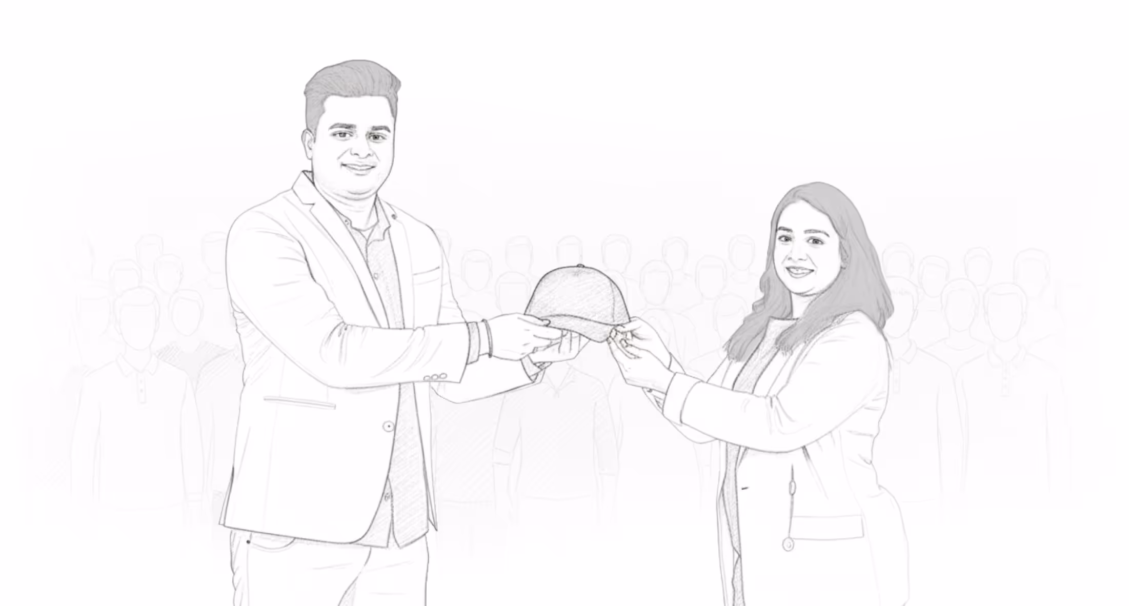 Sketch of a man and a woman smiling and holding a cap together with a faint crowd in the background.