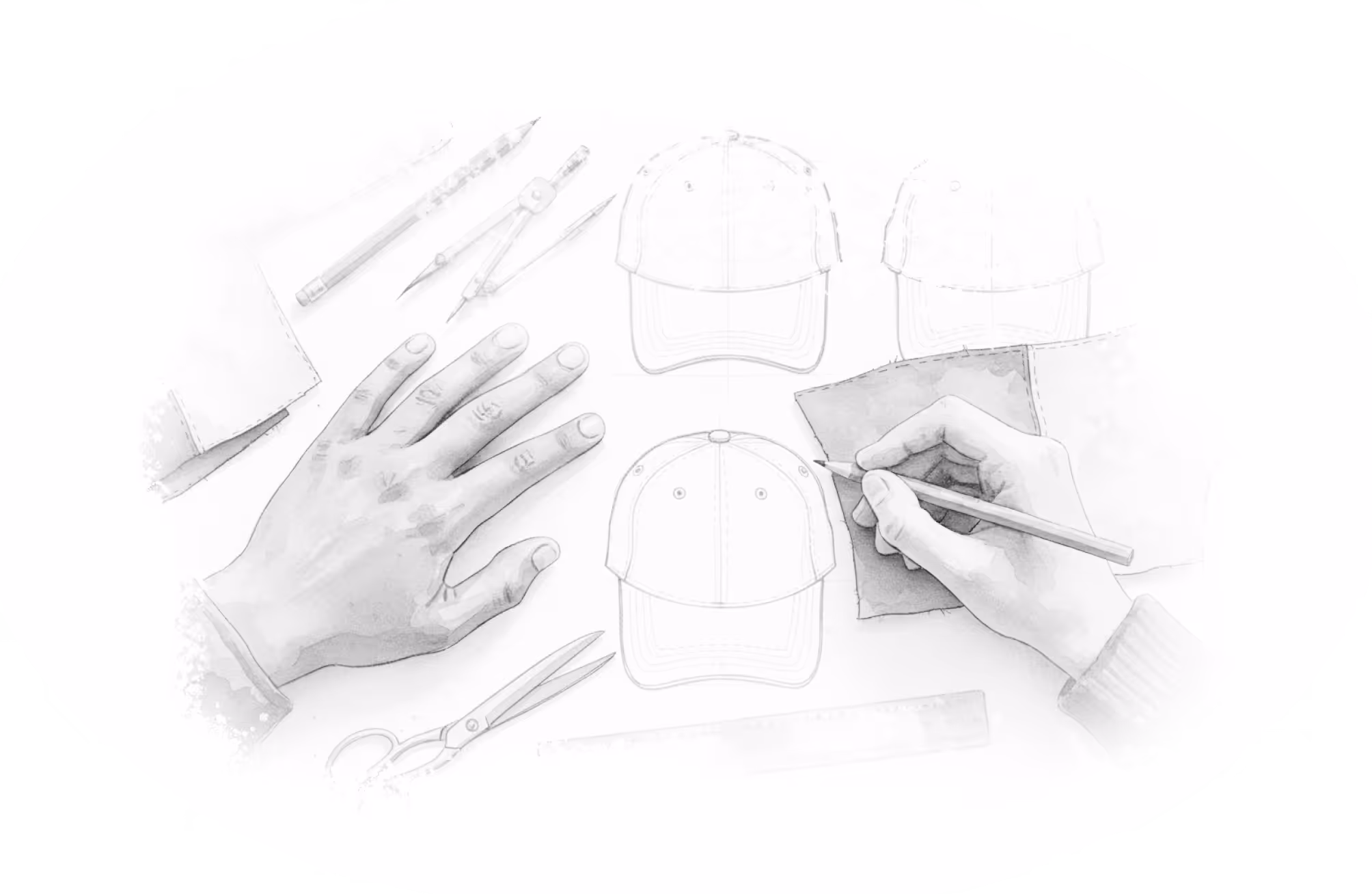 Hand drawing baseball cap designs with pencils, compass, scissors, and ruler on a table.