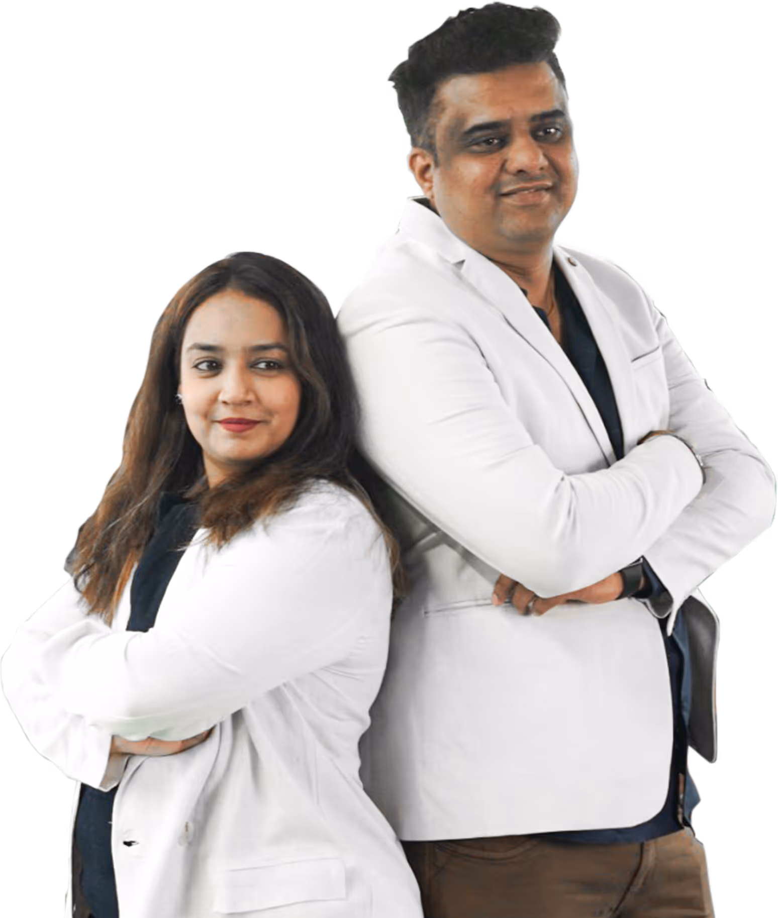 Two professionals in white blazers standing back to back with arms crossed, smiling confidently.