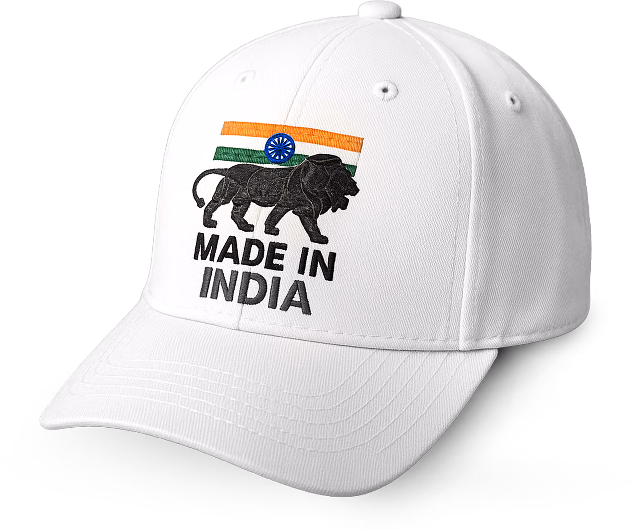 White baseball cap with a black lion and Indian flag design above the text 'MADE IN INDIA' embroidered on the front.