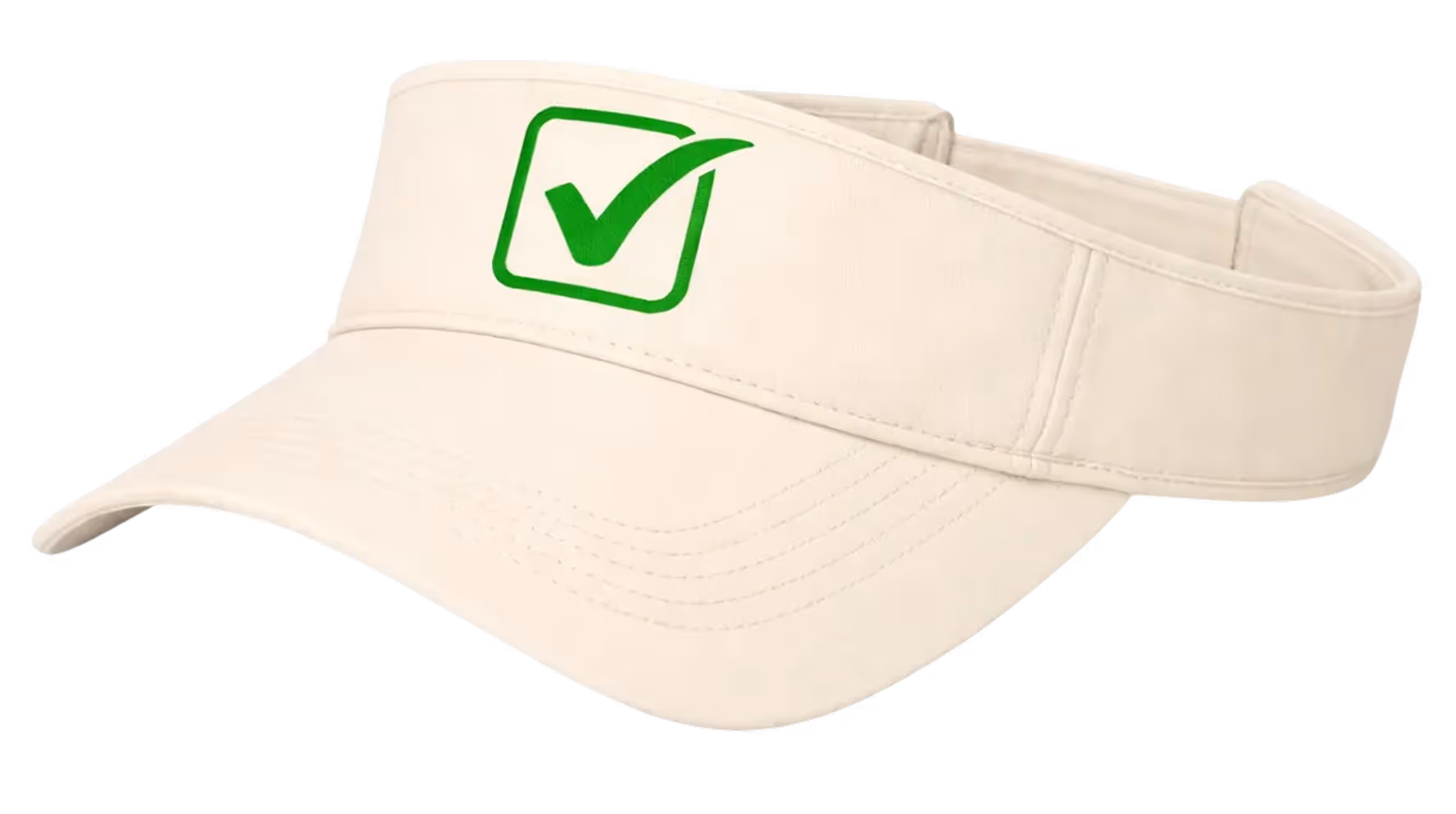 Beige visor cap with a green checkmark inside a square on the front.