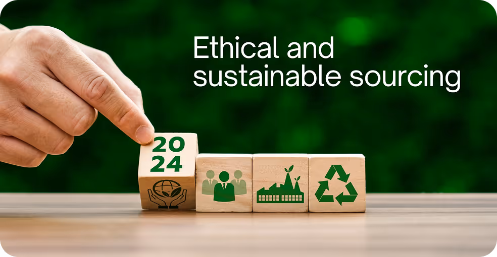 Hand flipping a wooden block with 2024 over blocks showing icons of social responsibility, factory with leaf, and recycling symbol under the text Ethical and sustainable sourcing.